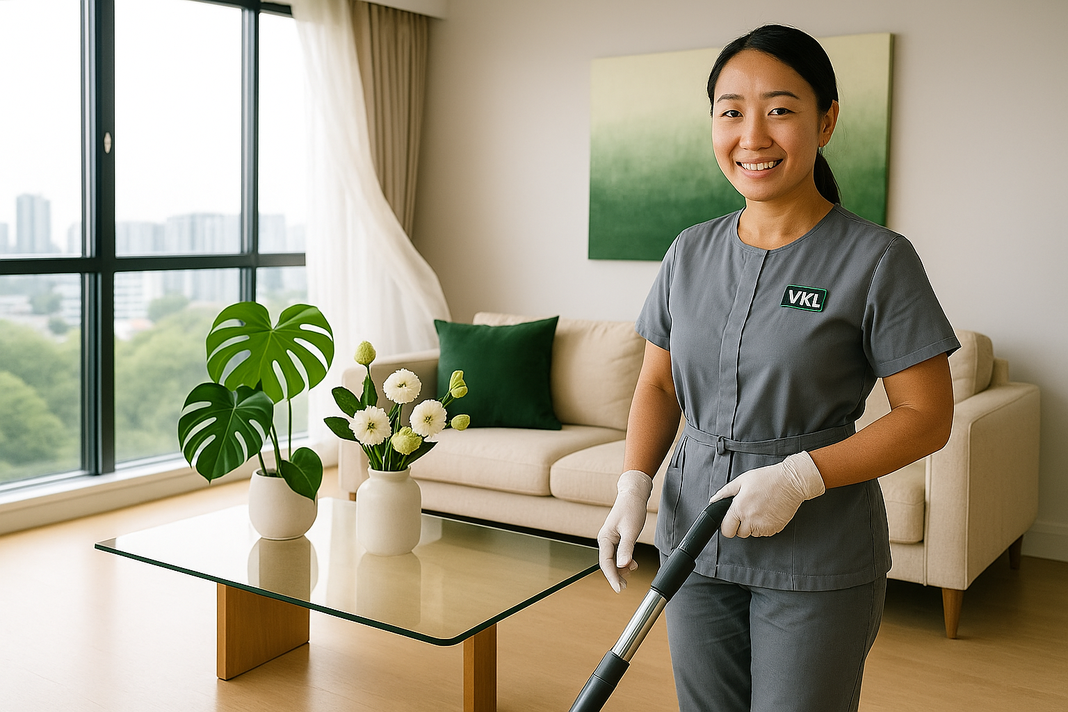 Asian cleaner in a bright Singapore living room wearing a subtle VKL uniform logo