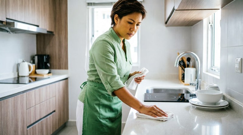 Asian cleaner wiping a modern kitchen counter