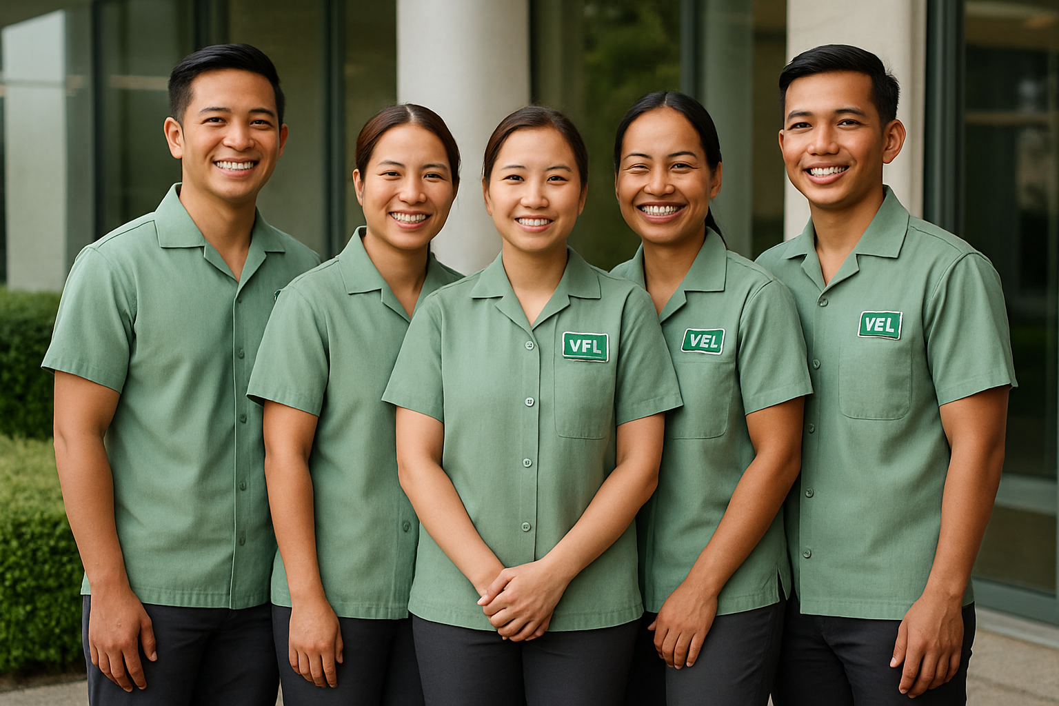 Asian cleaning team in matching uniforms with subtle VKL logos